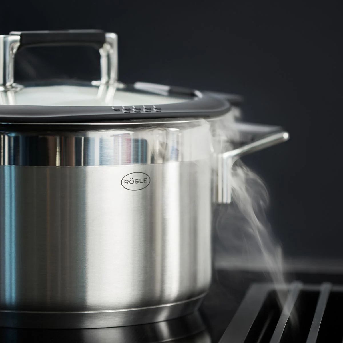 Cacerola alta de acero inoxidable con tapa de cristal Silence Pro Rösle