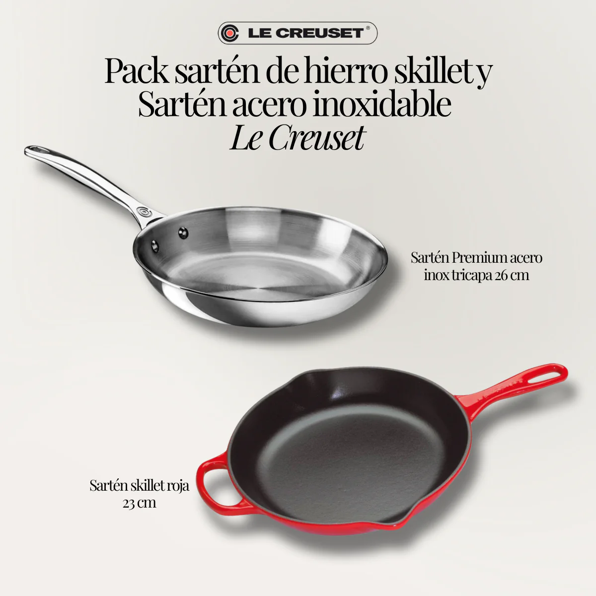 Pack sartén de hierro skillet y Sartén acero inoxidable Le Creuset